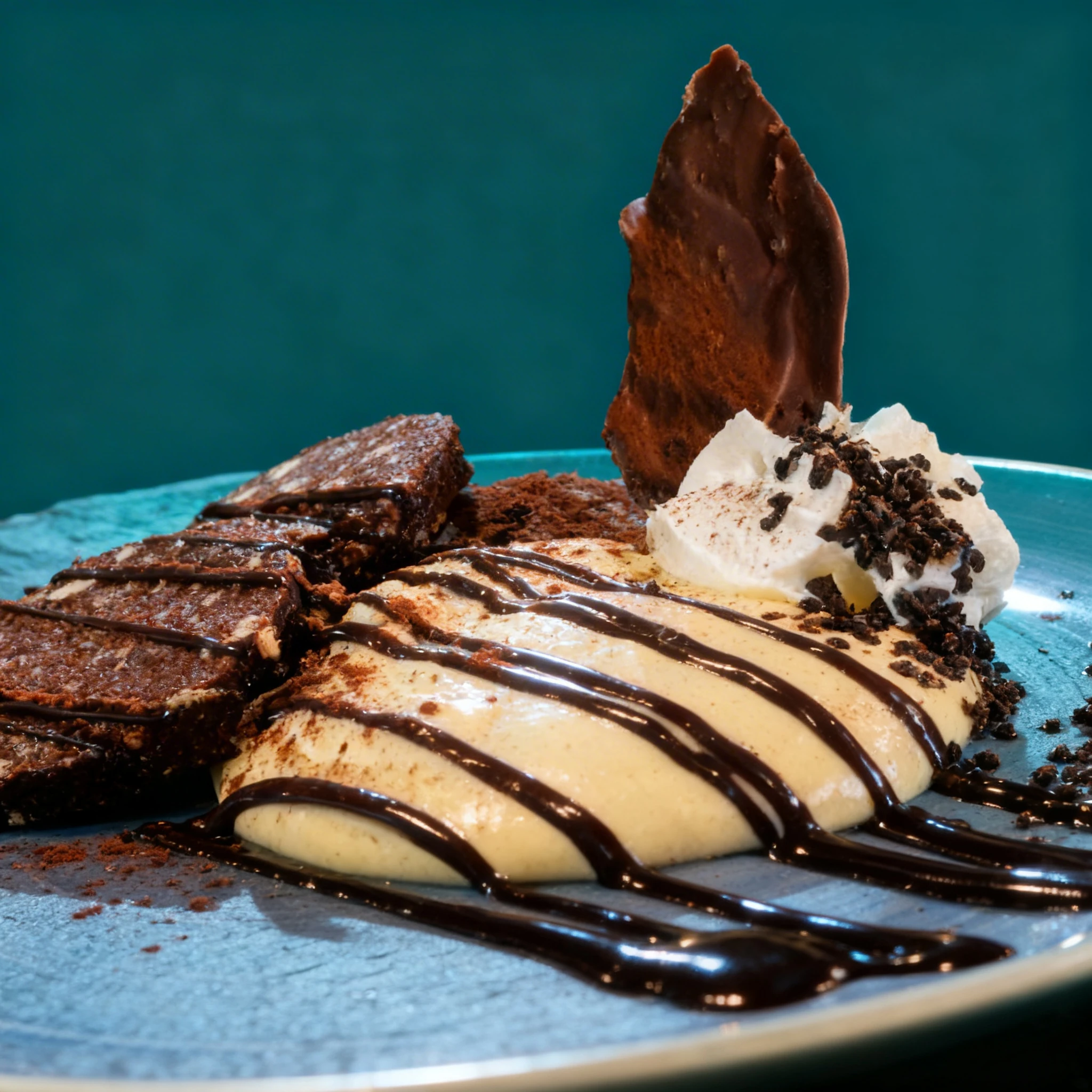 Chocolate salami slices served with a dollop of cream, chocolate sauce drizzle, whipped cream, cocoa powder, and a chocolate shard.