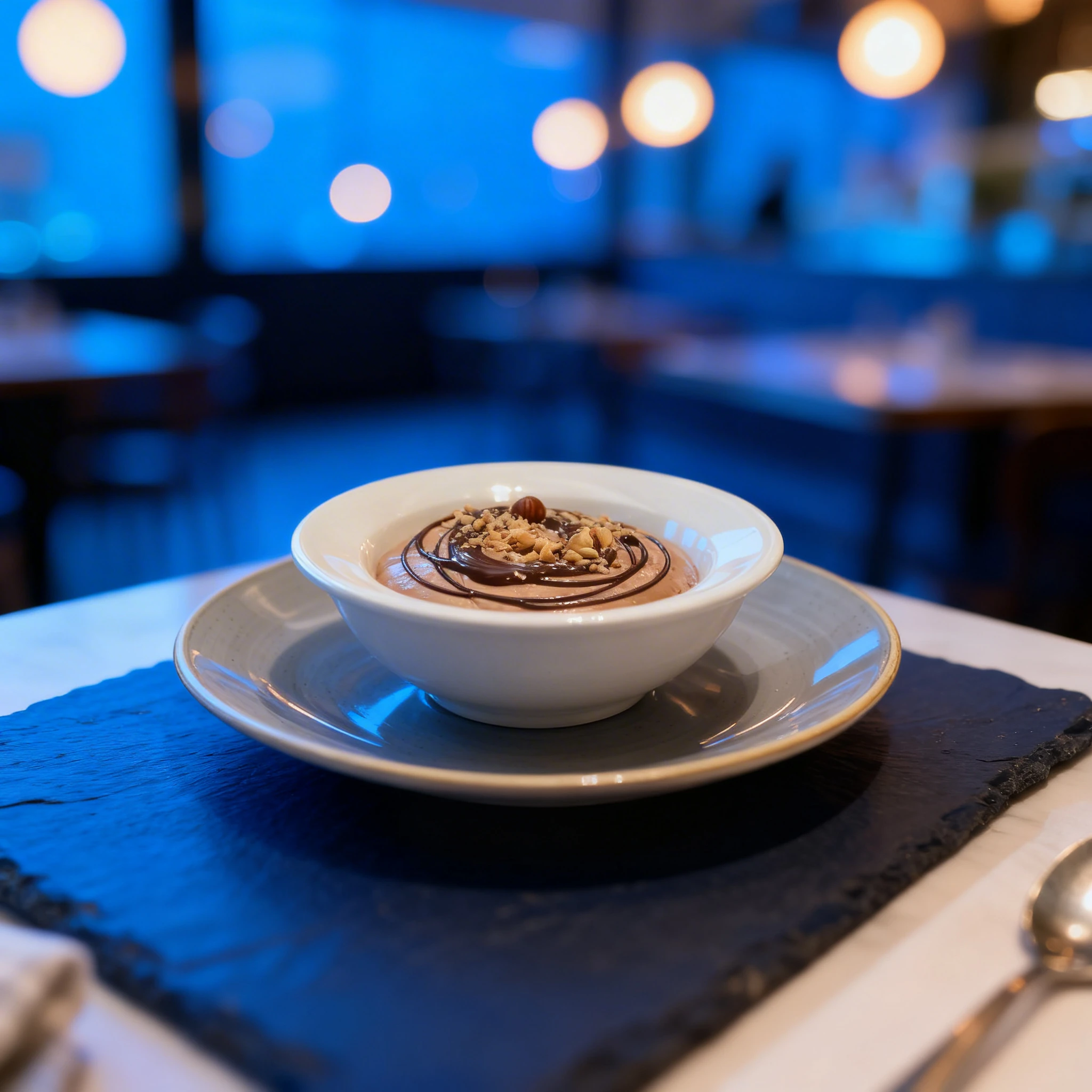A chocolate mousse dessert topped with swirls of dark chocolate ganache and crushed hazelnuts, served in a white bowl on a grey plate.