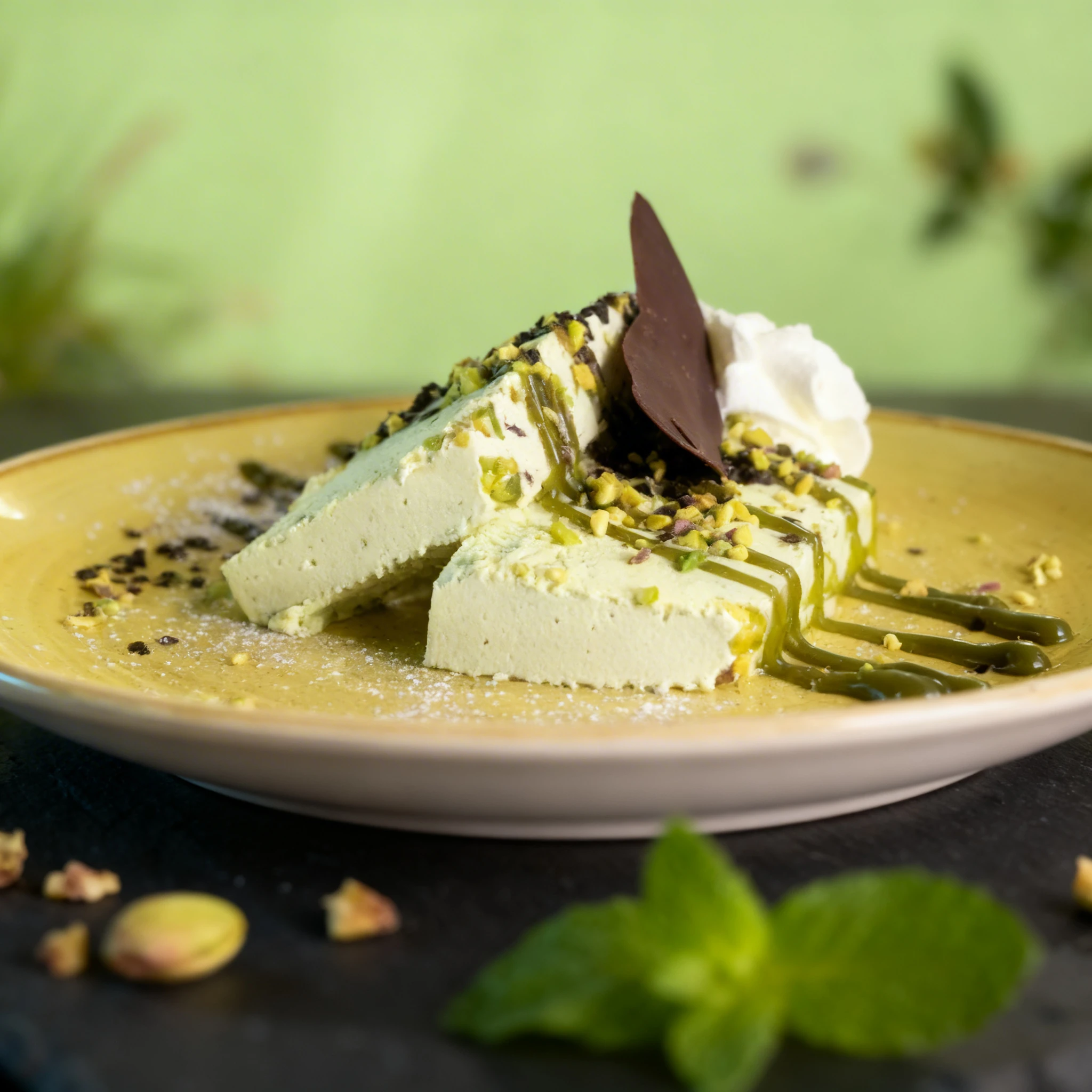 A pistachio semifreddo dessert topped with crushed nuts, chocolate shavings, and a dark chocolate garnish, served with a dollop of whipped cream and a drizzle o
