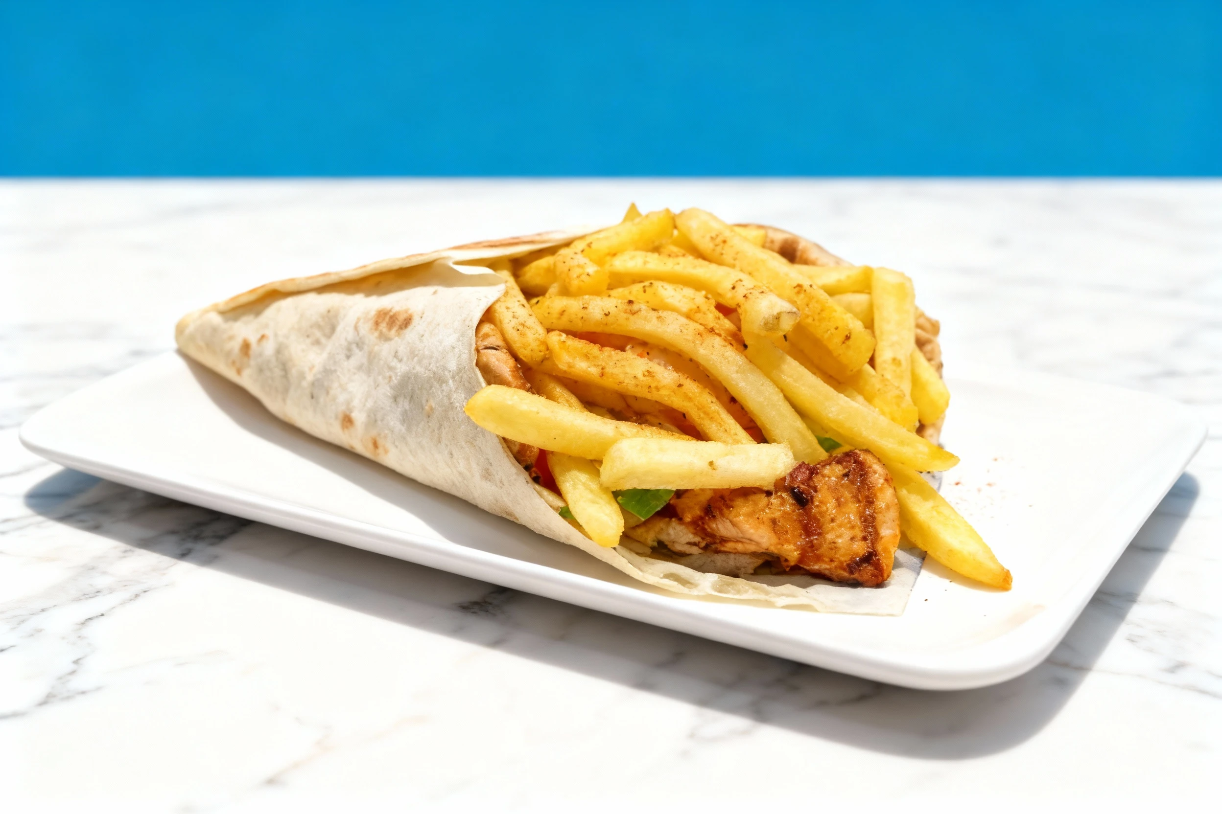 A Greek-style pita wrap, likely a souvlaki or gyro, filled primarily with golden French fries and slices of grilled meat, served on a white rectangular plate.