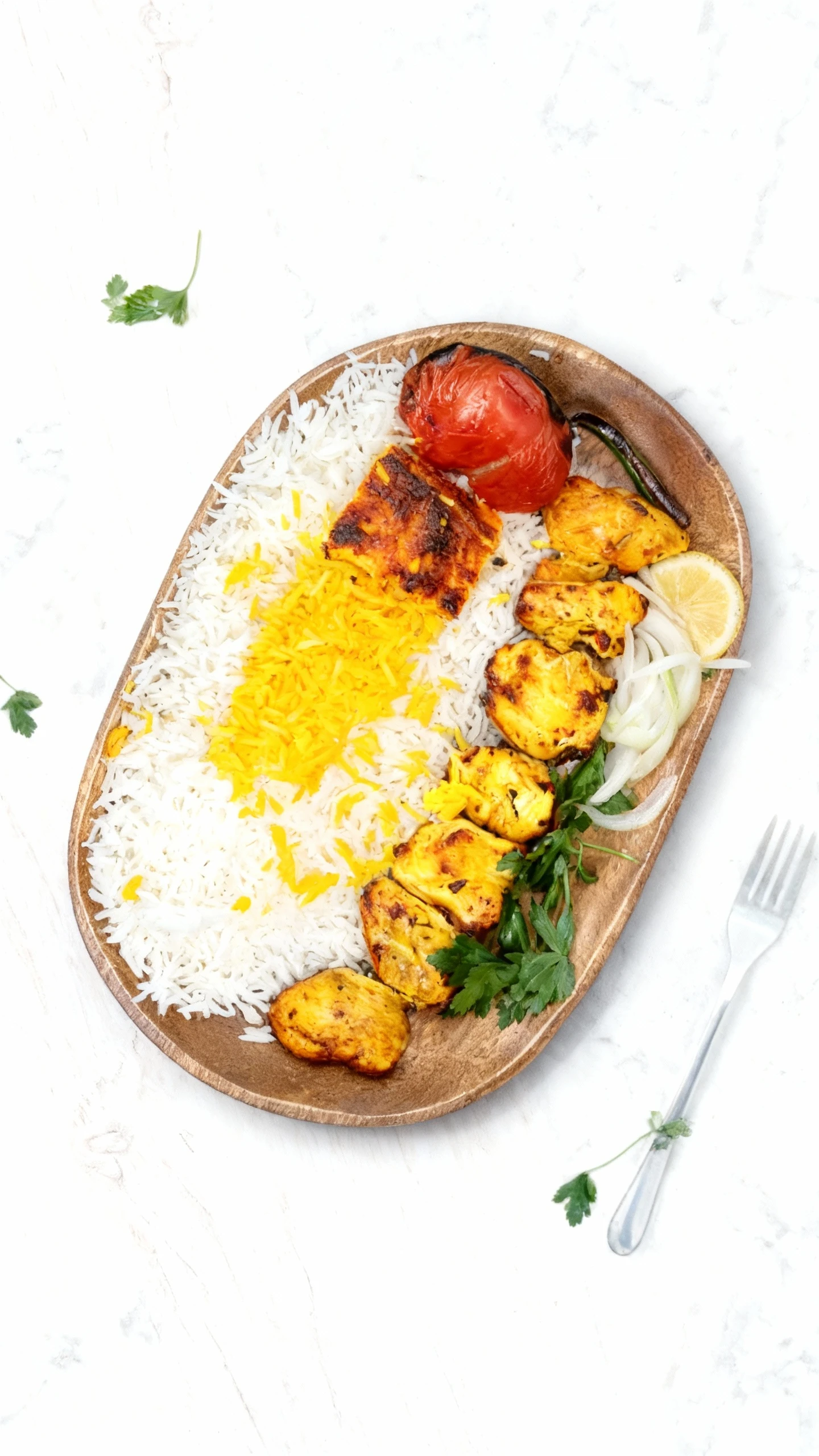 This dish features saffron-marinated grilled chicken pieces served with a bed of white Basmati rice and a section of yellow saffron rice. It is garnished with a