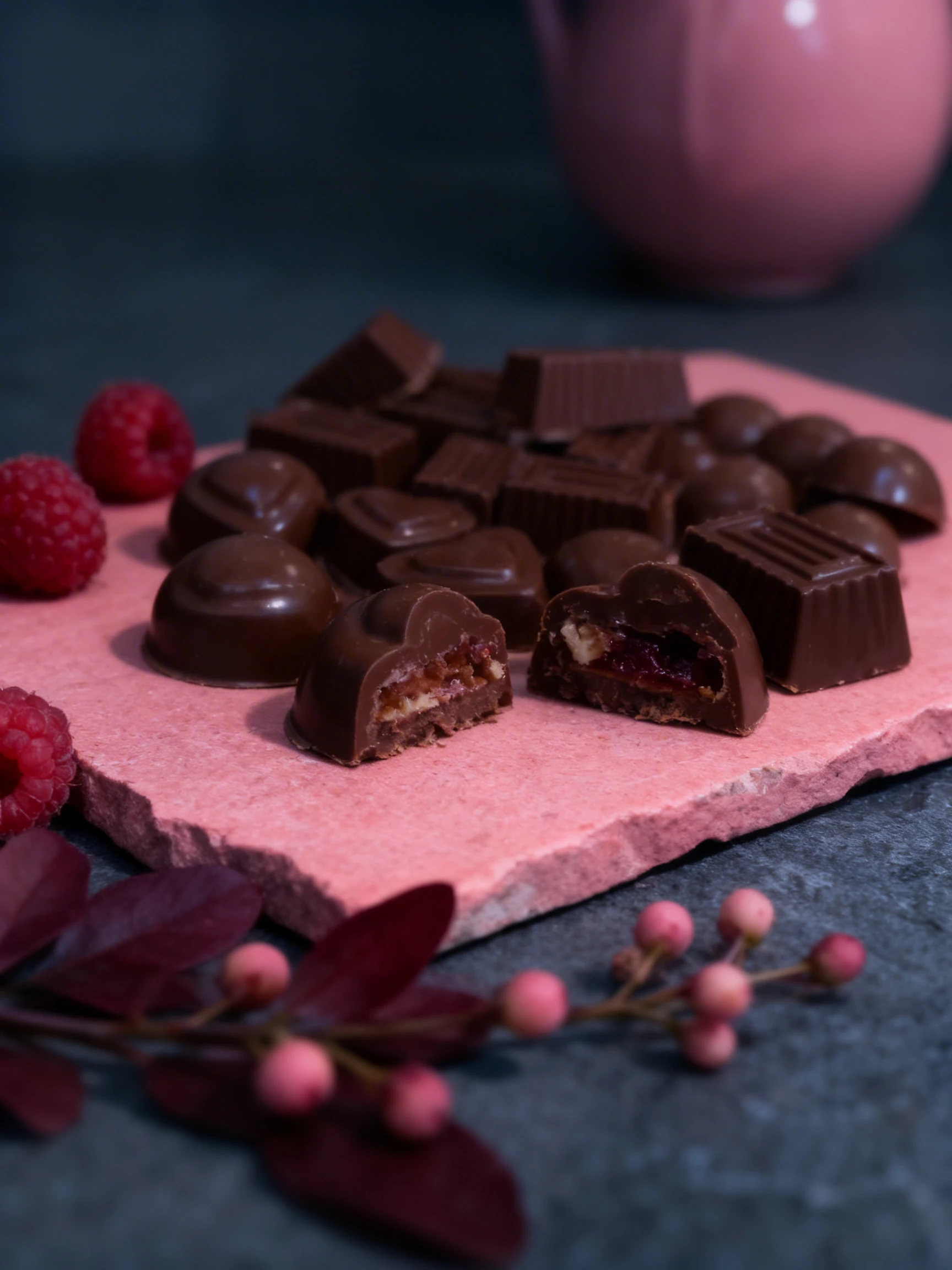 An assortment of milk chocolates in various shapes including hearts, domes, and ribbed rectangles.