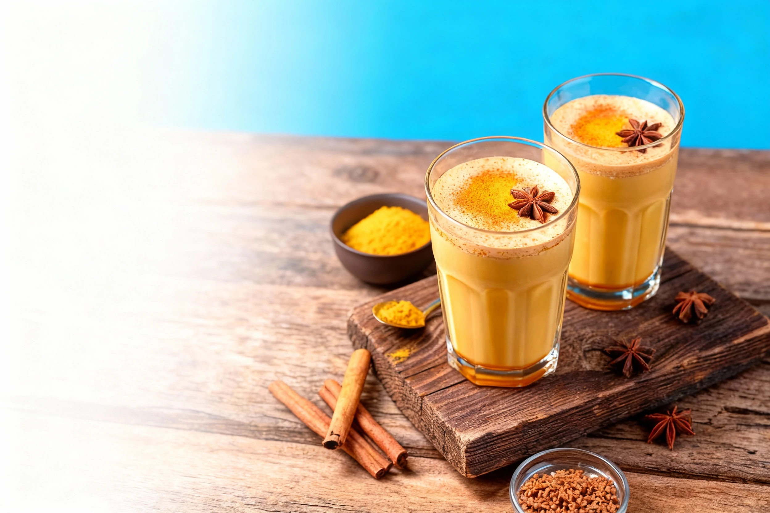 Two glasses of spiced milk tea or chai are served on a wooden board, topped with foam, a sprinkle of powder, and whole star anise garnish. Supporting ingredient