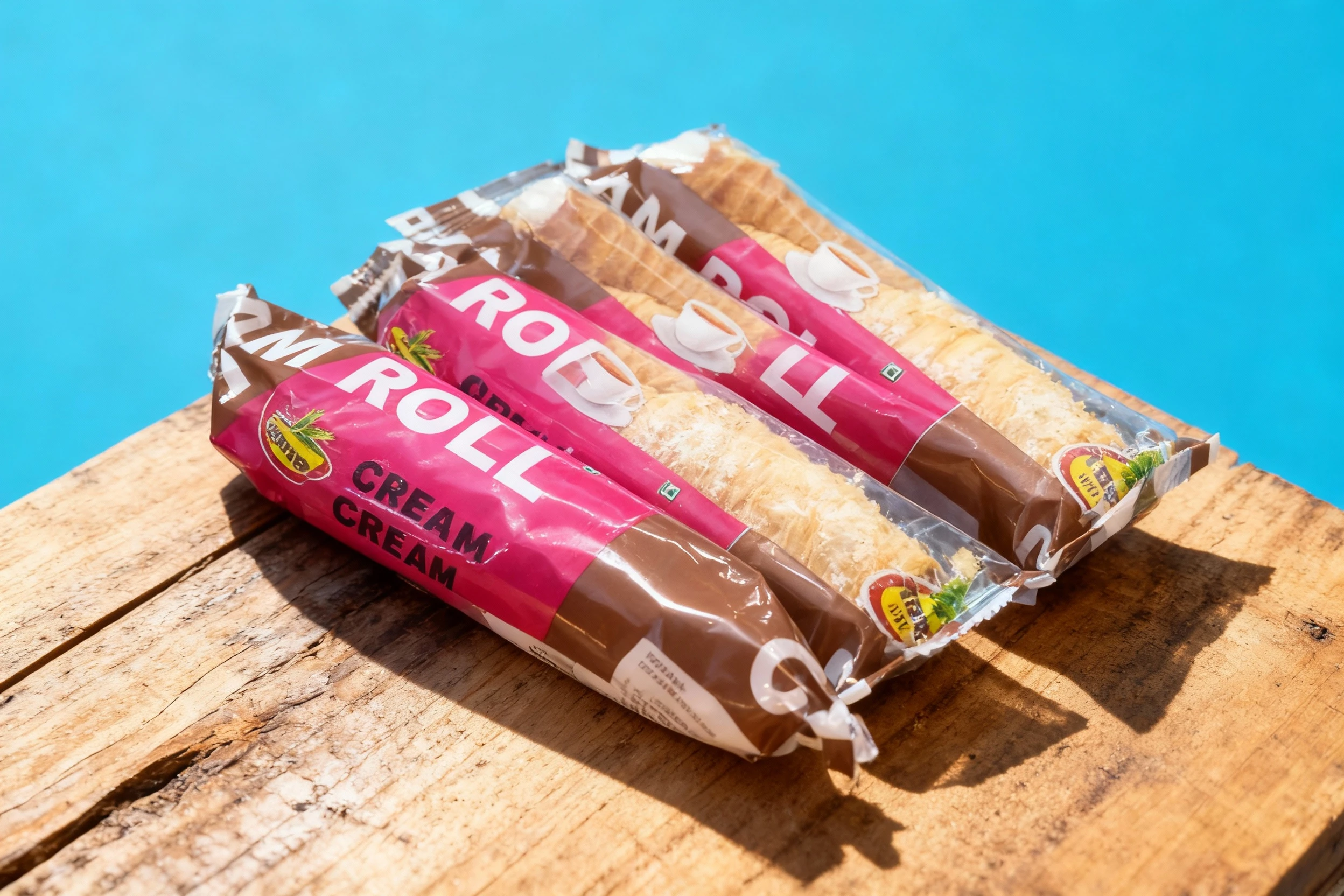 Multiple packages of wafer cream rolls, featuring conical rolled wafers visible through clear plastic and labeled packaging in pink and brown with the text "CRE