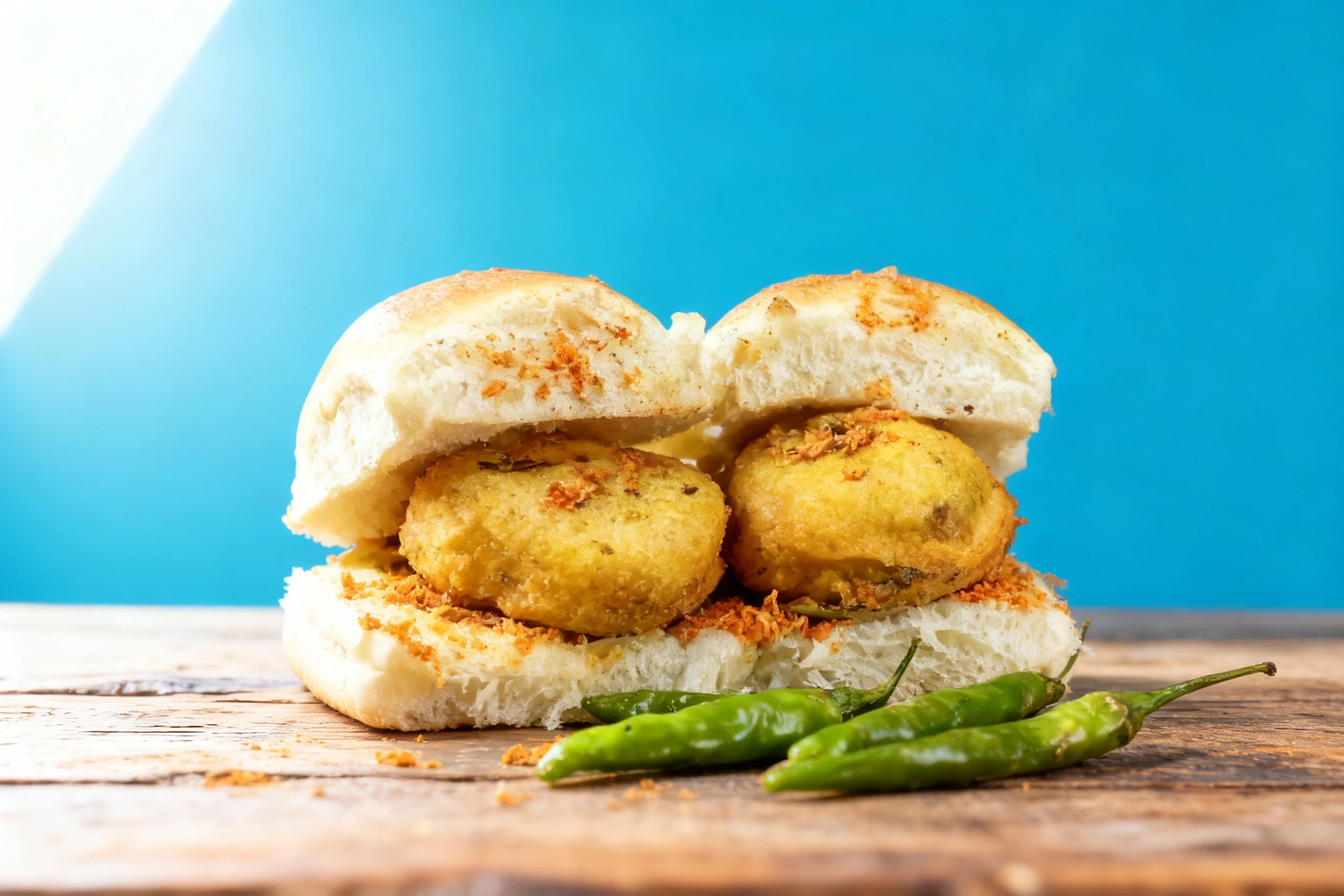 A Vada Pav, featuring two deep-fried potato dumplings (vada) sandwiched between a sliced white bun (pav), generously dusted with dry garlic-chili chutney powder
