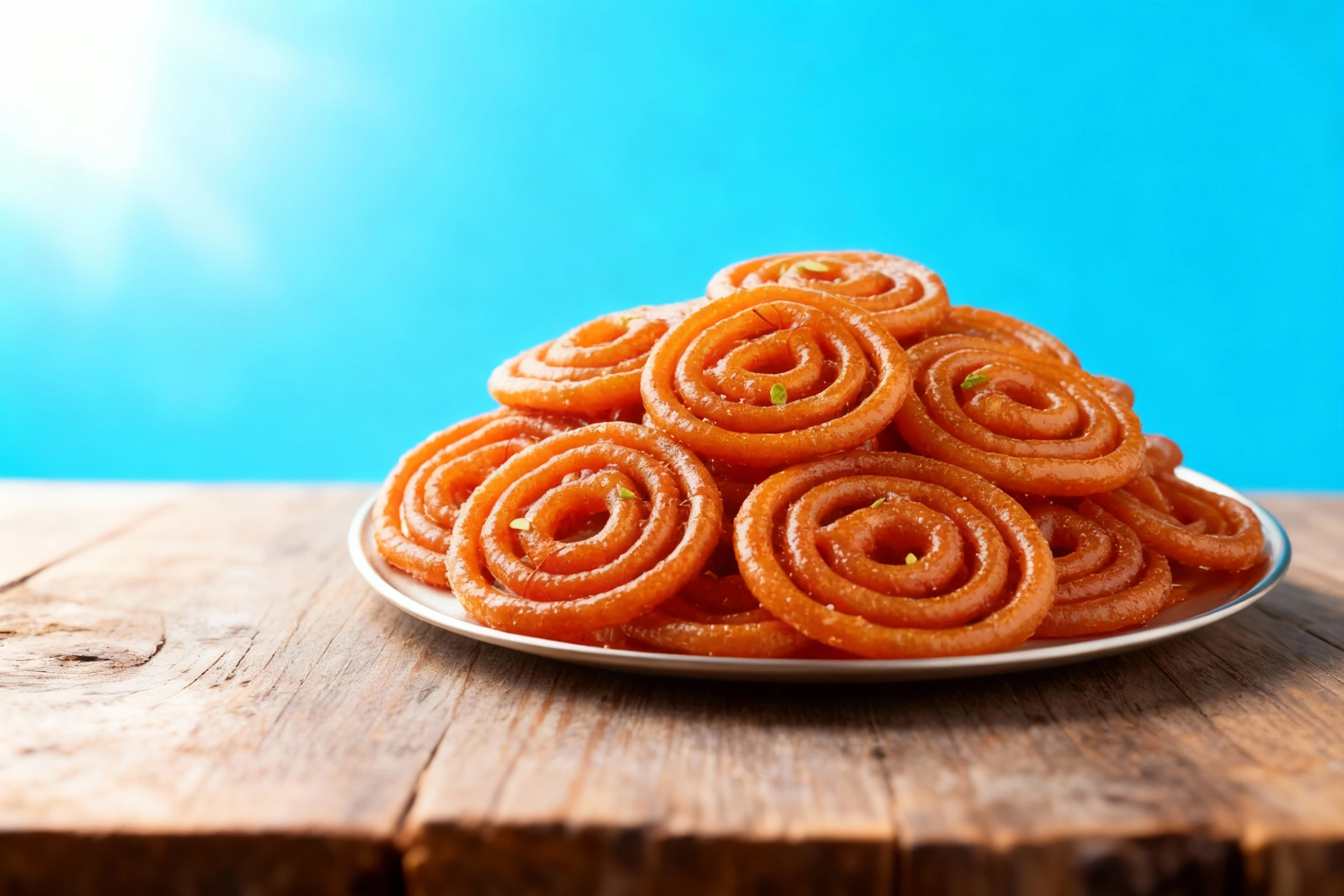 A traditional Indian sweet, Jalebi, is piled on a silver plate. The deep-fried, spiral-shaped sweets are soaked in rich syrup and garnished with saffron strands