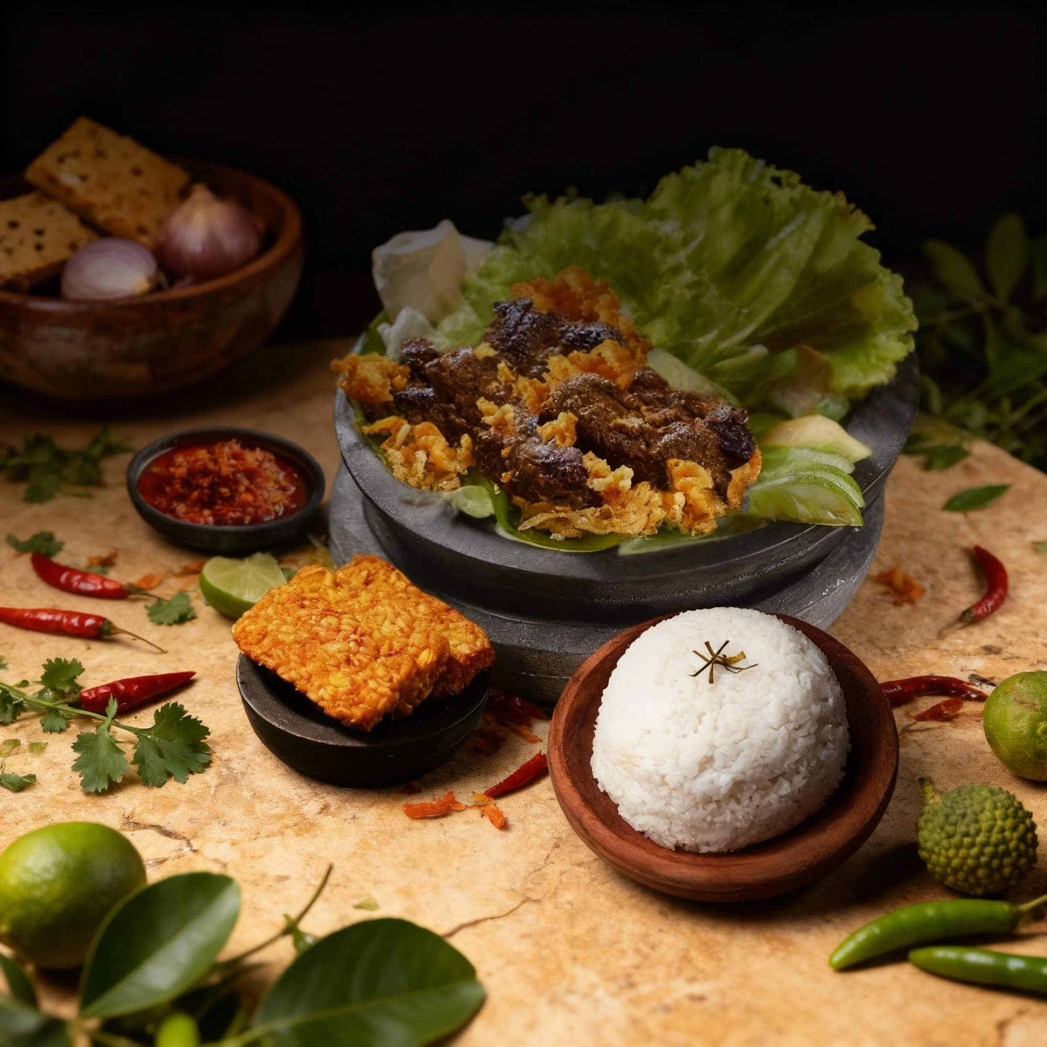 An Indonesian platter featuring crispy fried shredded beef topped with golden flakes, served alongside fresh lettuce, cucumber, and a dollop of white sauce on a