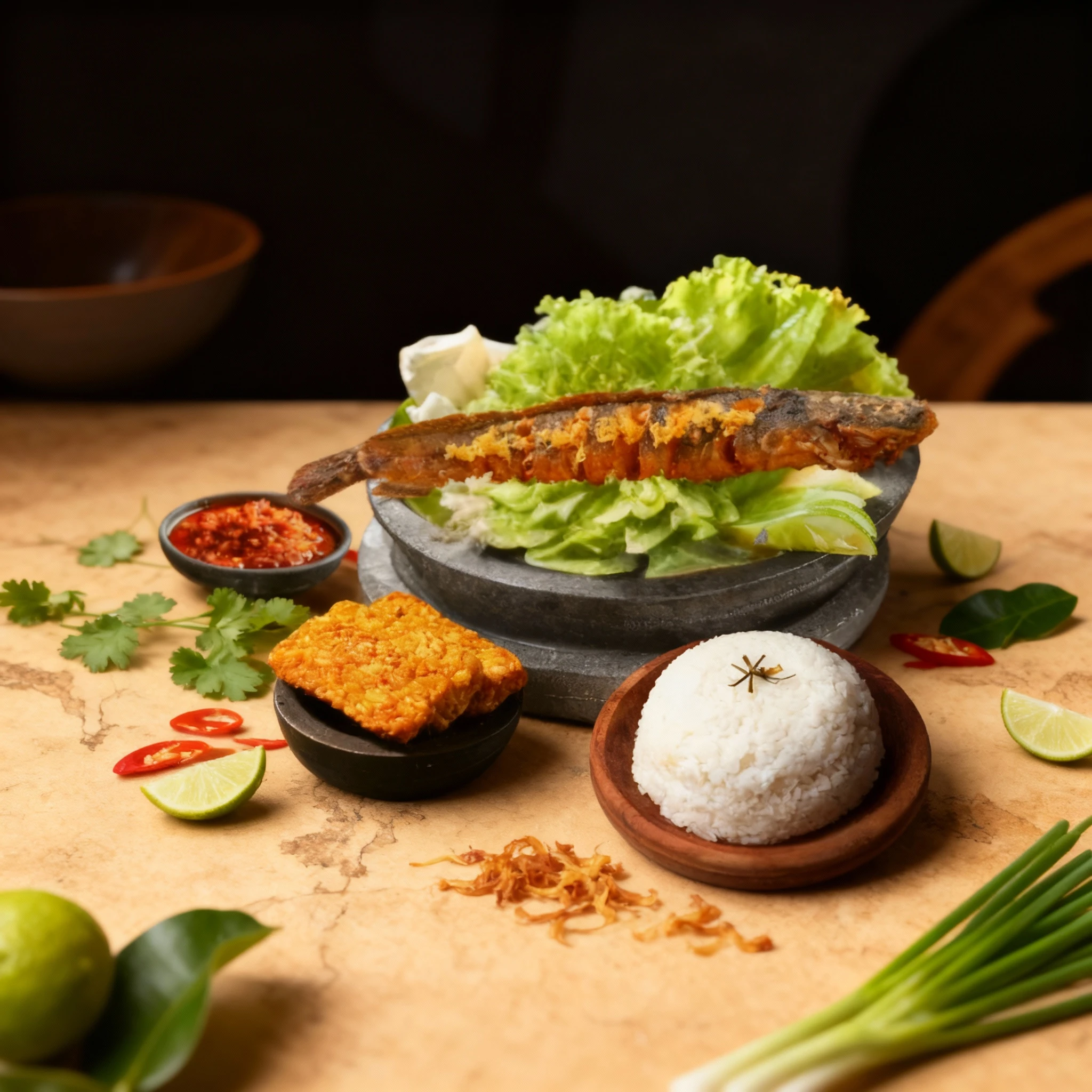A meal featuring a whole, crispy fried fish resting on fresh lettuce and cucumber, served with a square of fried tempeh, a small bowl of red chili sambal, and a