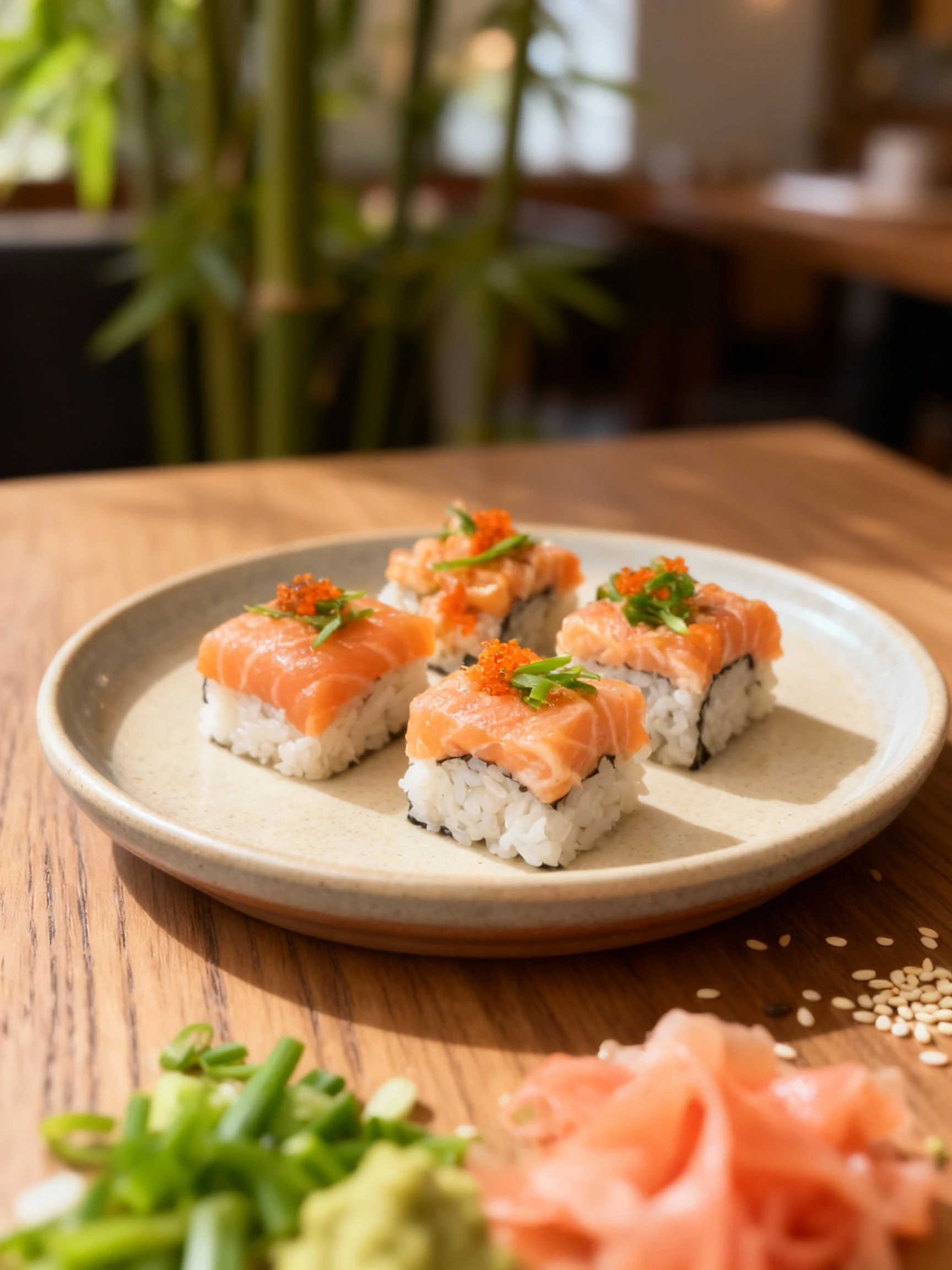 Square-cut sushi pieces featuring rice wrapped in nori, topped with creamy diced salmon, garnished with orange tobiko and fresh scallions. A second plate of sea