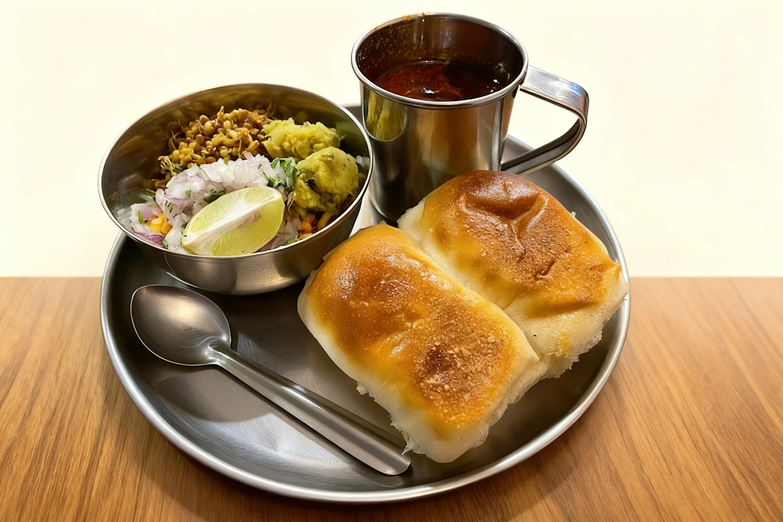 Misal Pav set featuring two buttered pav bread rolls, a cup of spicy rassa gravy, and a bowl containing sprouts, chopped onions, and a lime wedge.