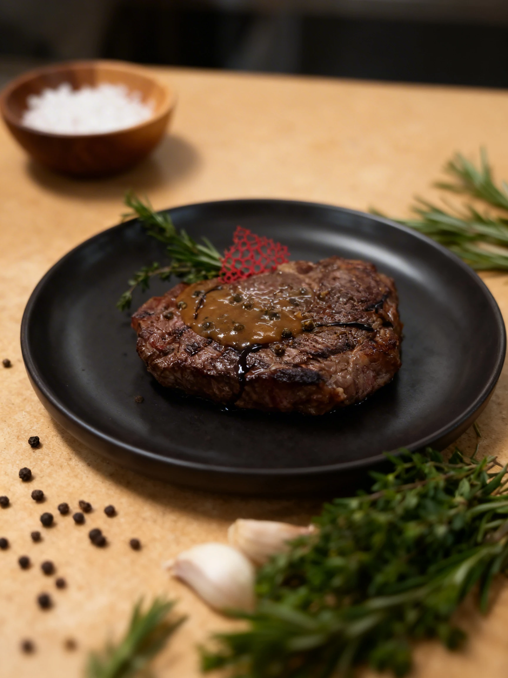 Grilled steak topped with peppercorn sauce and balsamic glaze, garnished with a sprig of fresh rosemary and thyme and a red lace tuile.