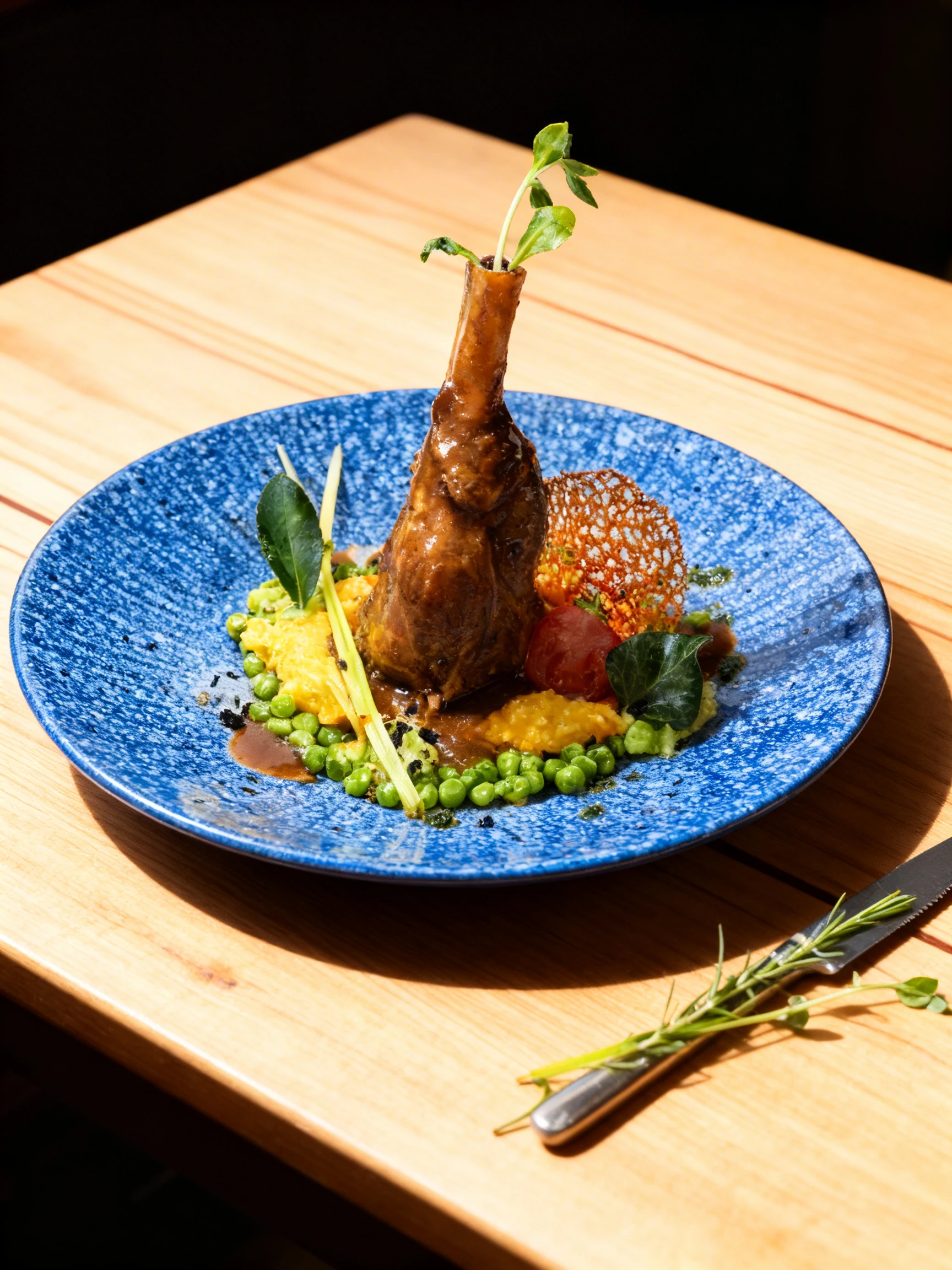 Slow-cooked lamb shank glazed in a rich gravy, served over a bed of mashed vegetables and green peas with a lace tuile and fresh herb garnish.