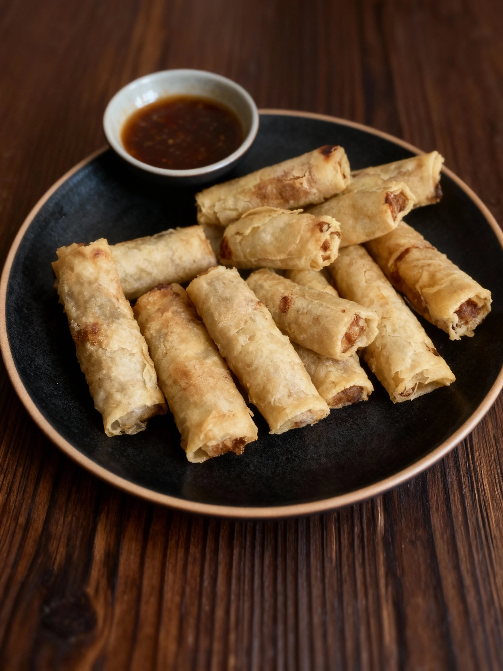 A pile of golden-brown, deep-fried spring rolls or lumpia served on a white plate, with the cooked filling visible at the exposed ends.