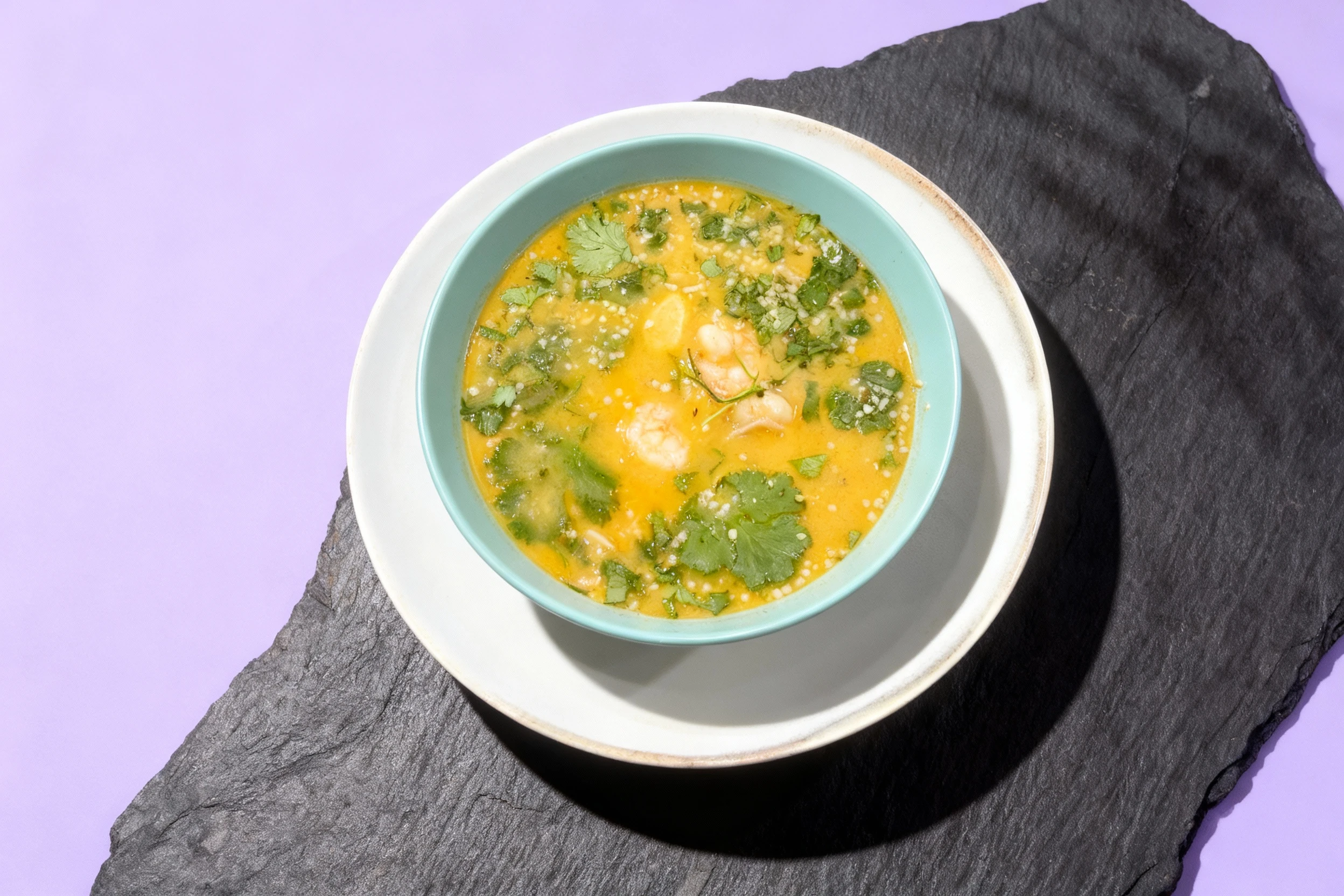 A vibrant orange/yellow shrimp soup or stew, possibly a moqueca, served in a light blue bowl and garnished generously with fresh cilantro and small white grains