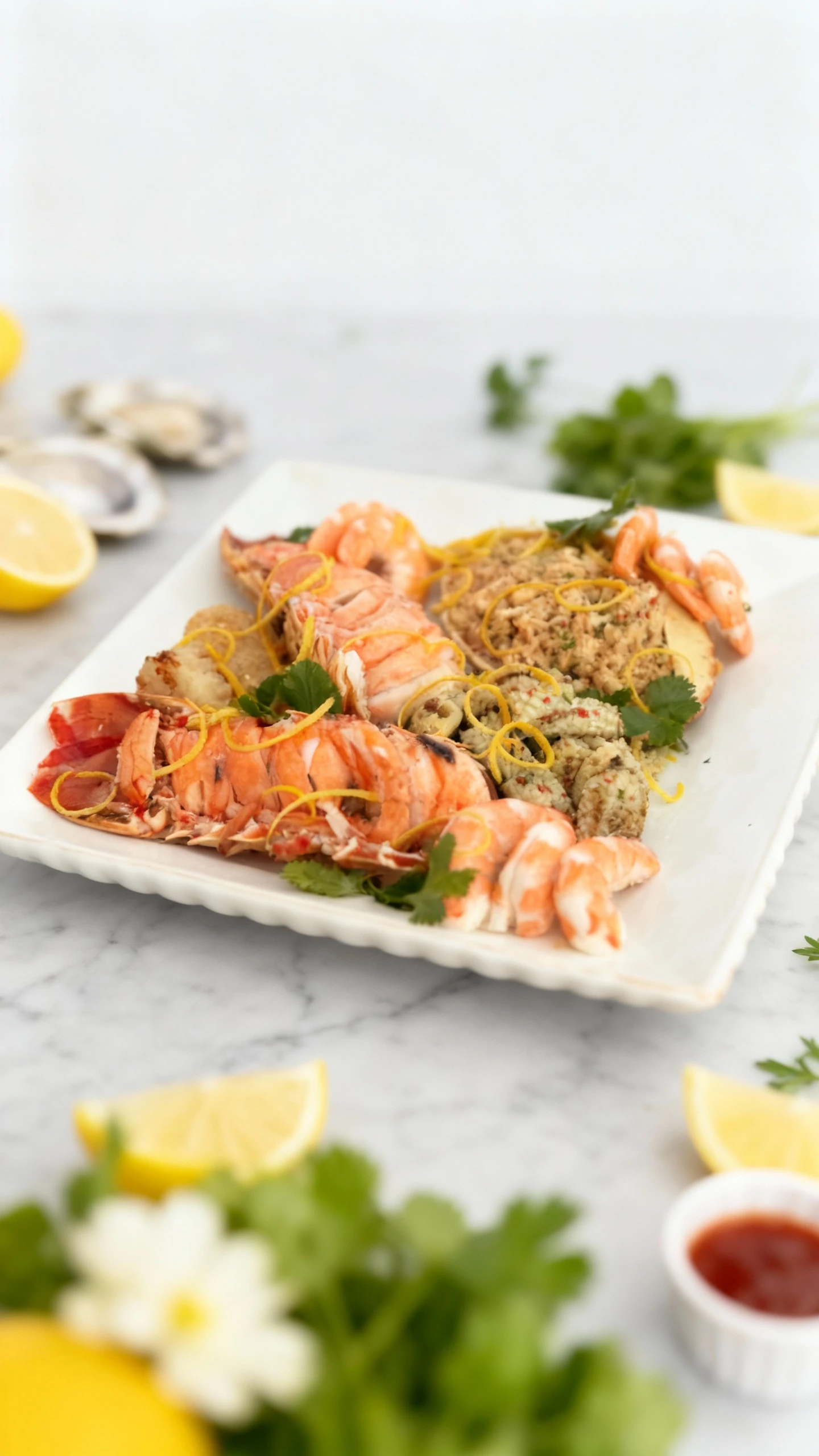 A seafood platter featuring split cooked lobster tails, peeled shrimp, and a portion of stuffed crab meat in a shell, alongside small speckled cylindrical piece