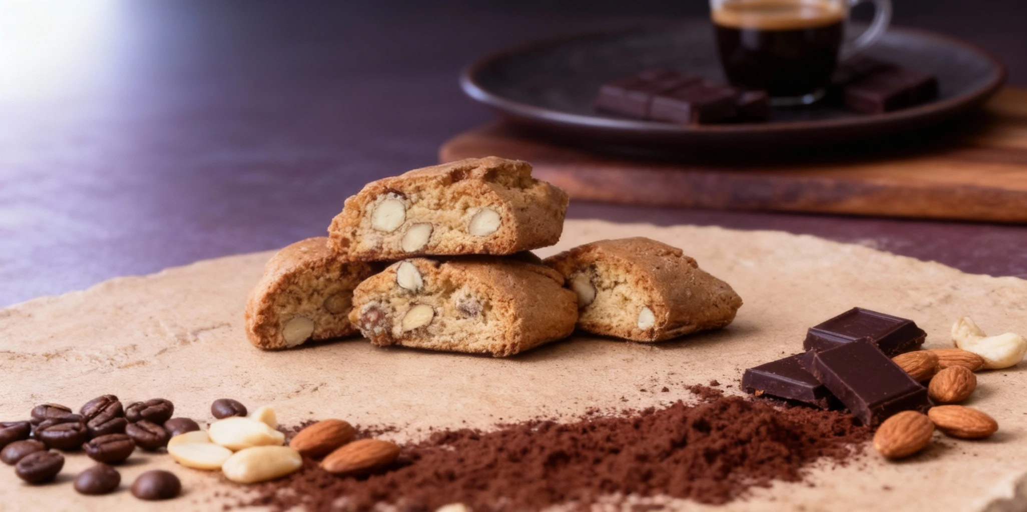 A small stack of sliced almond biscotti (or cantucci) featuring a toasted golden-brown crumb with large, whole blanched almonds visible in the cross-sections.