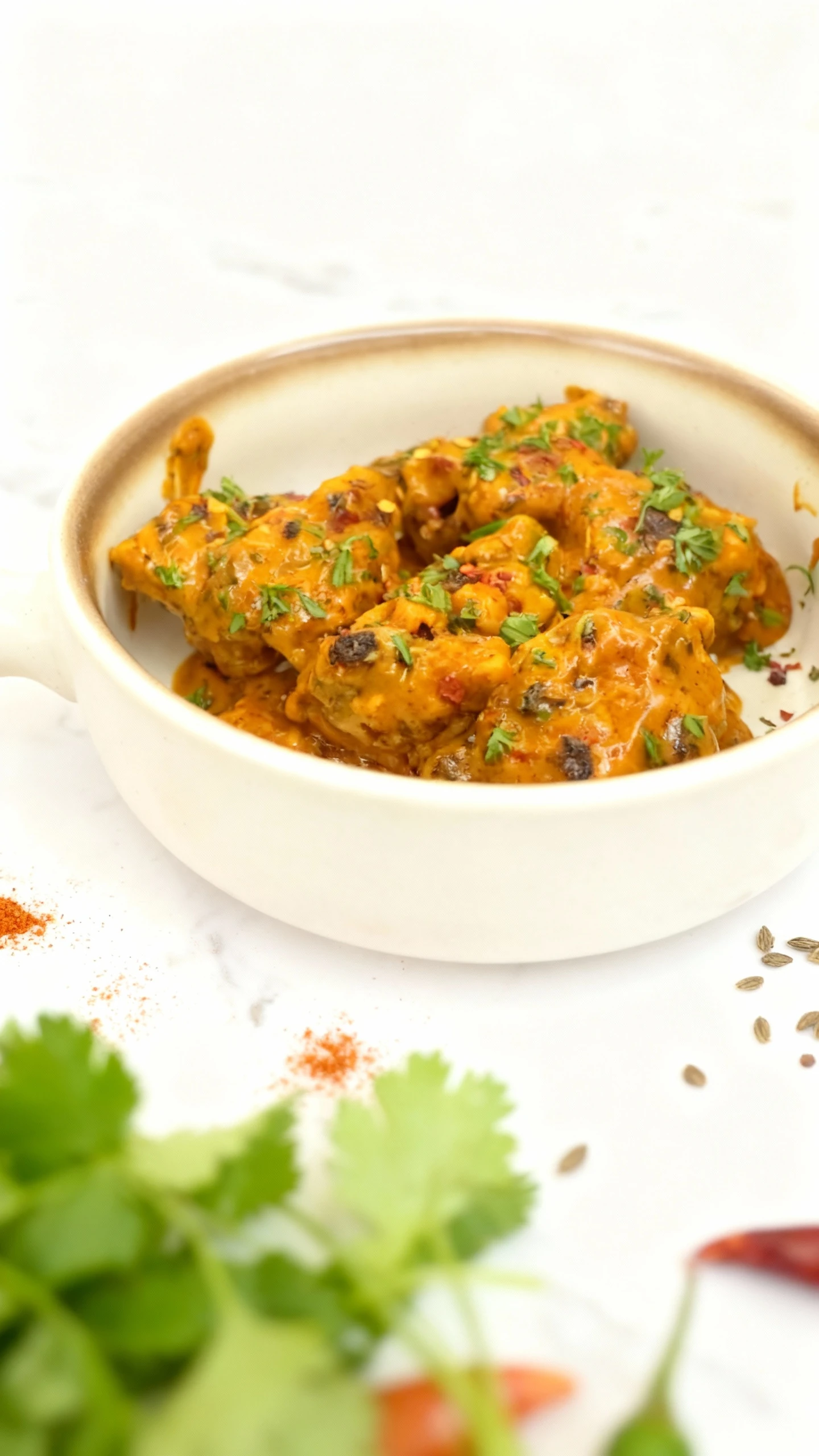 A serving of saucy chicken wings or pieces coated in a creamy, orange-colored sauce containing visible dark spices and garnished with chopped parsley and red pe