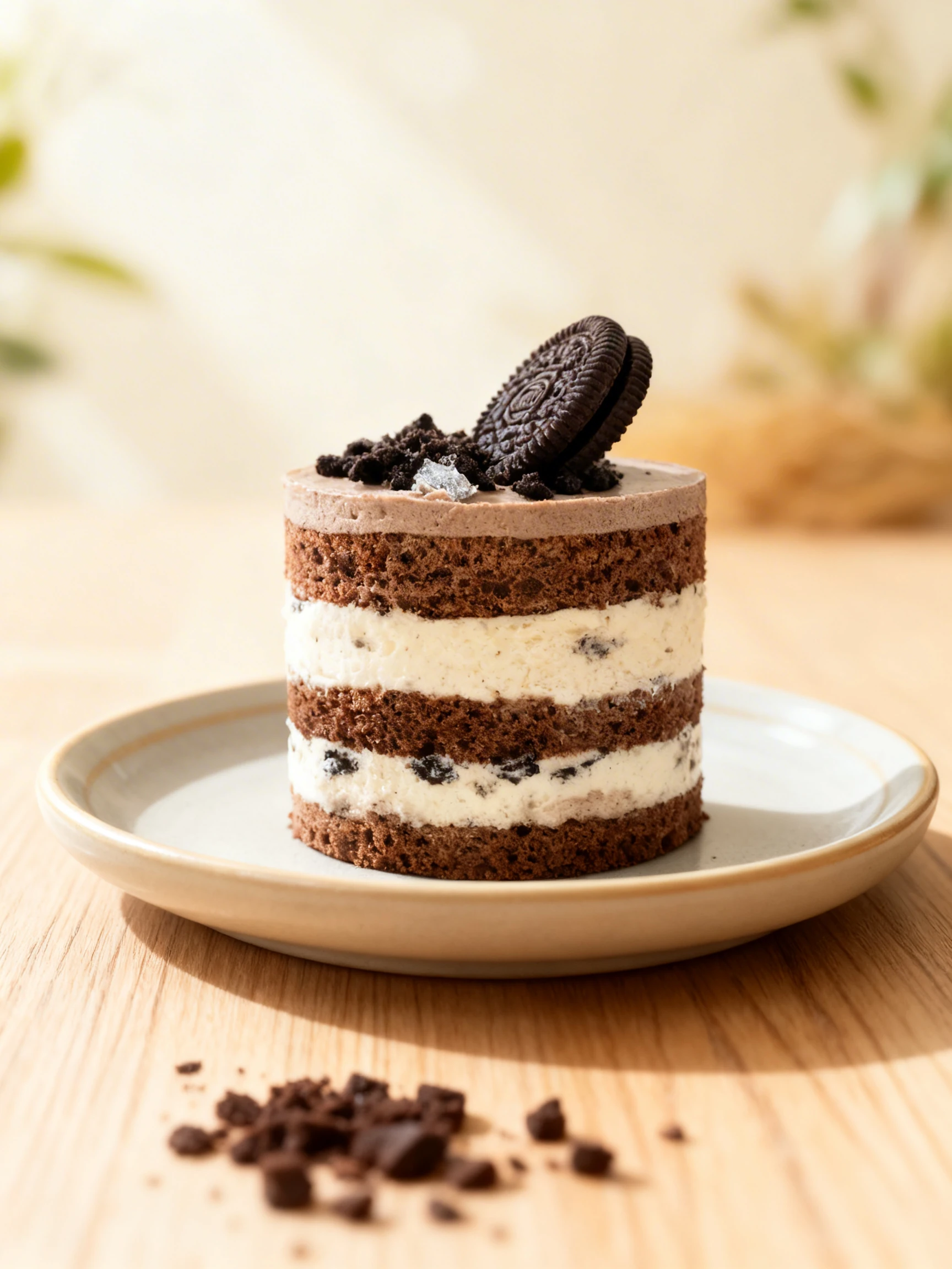 Layered chocolate cookies-and-cream cake with cocoa sponge and cream filling, topped with a whole sandwich cookie and crushed cookie pieces.