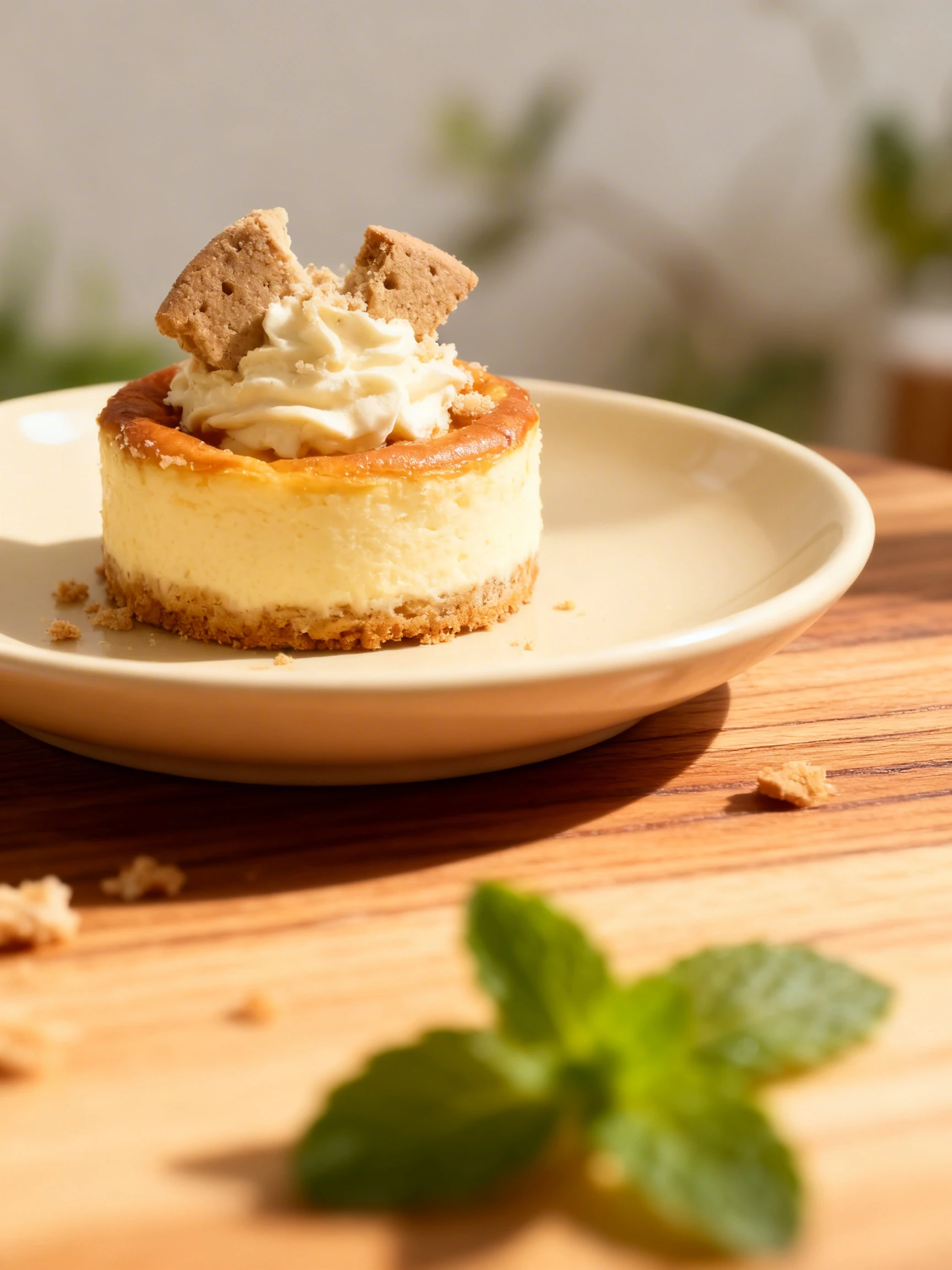 A mini cheesecake or baked tart in a paper liner, topped with creamy frosting and broken biscuit pieces.