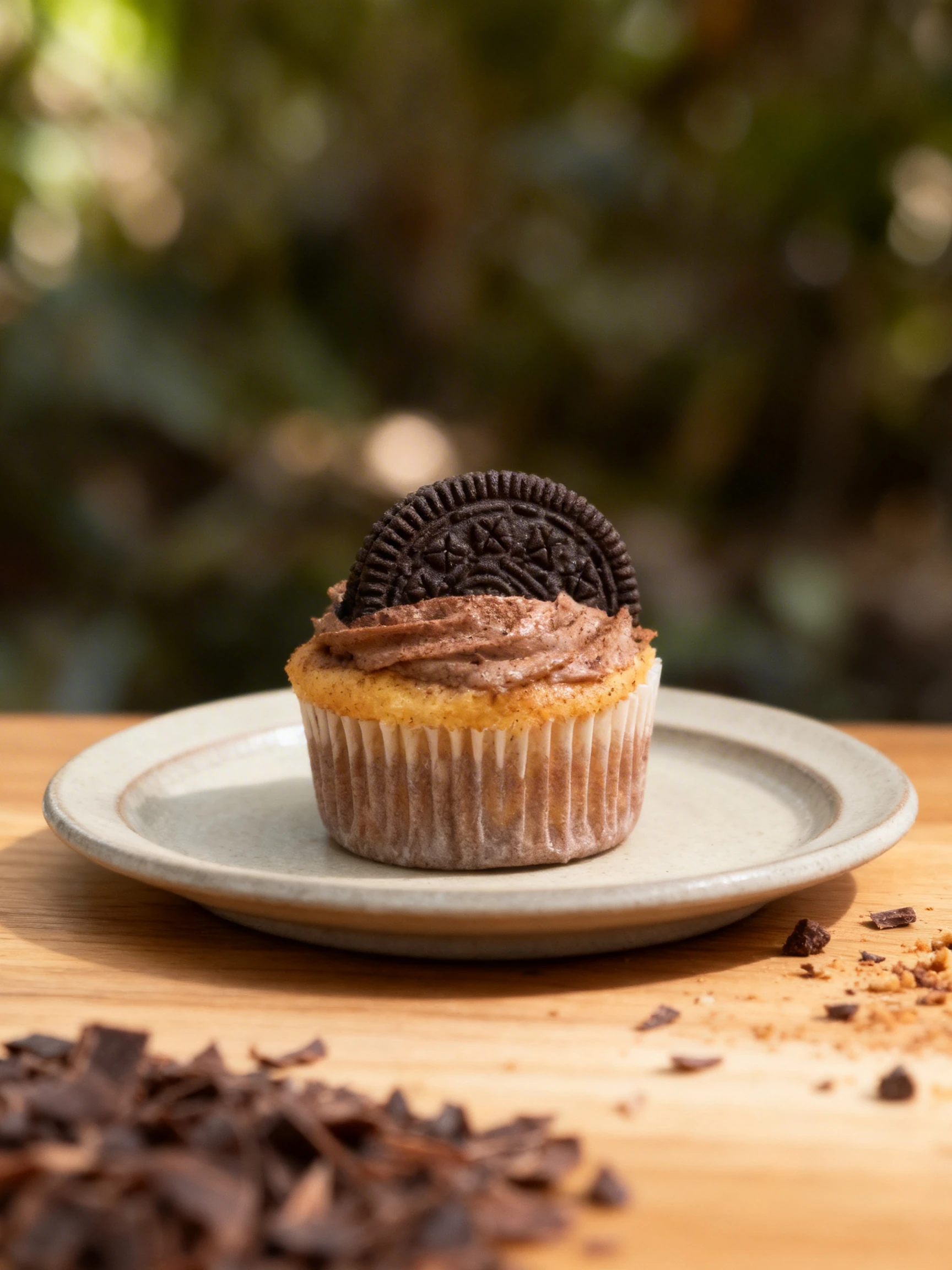 A single cupcake featuring a light-colored sponge base topped with chocolate cream and a whole chocolate sandwich cookie.