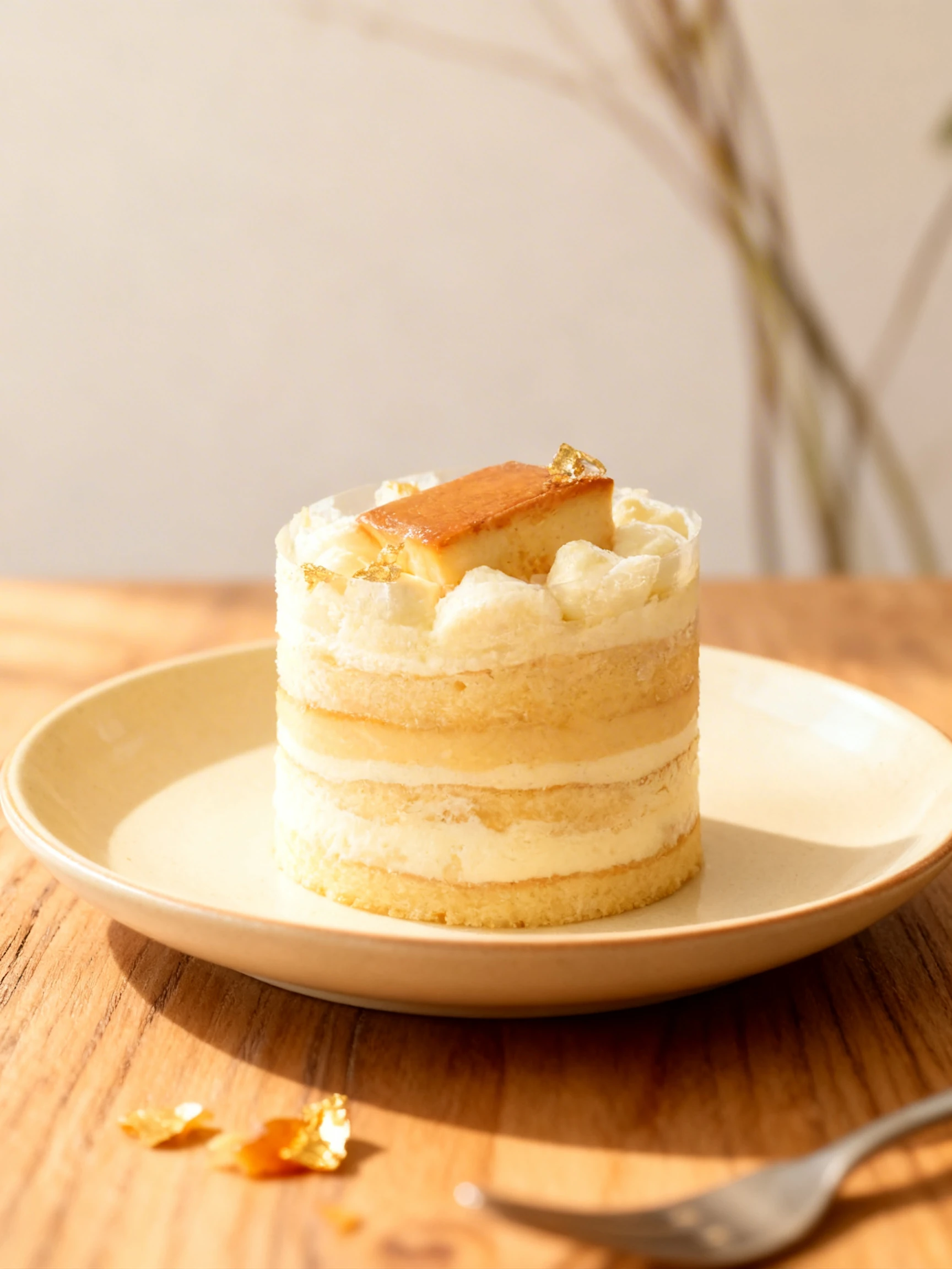 A multi-layered cream cake featuring light sponge and whipped cream topped with a slice of caramel custard flan and edible gold leaf flakes.