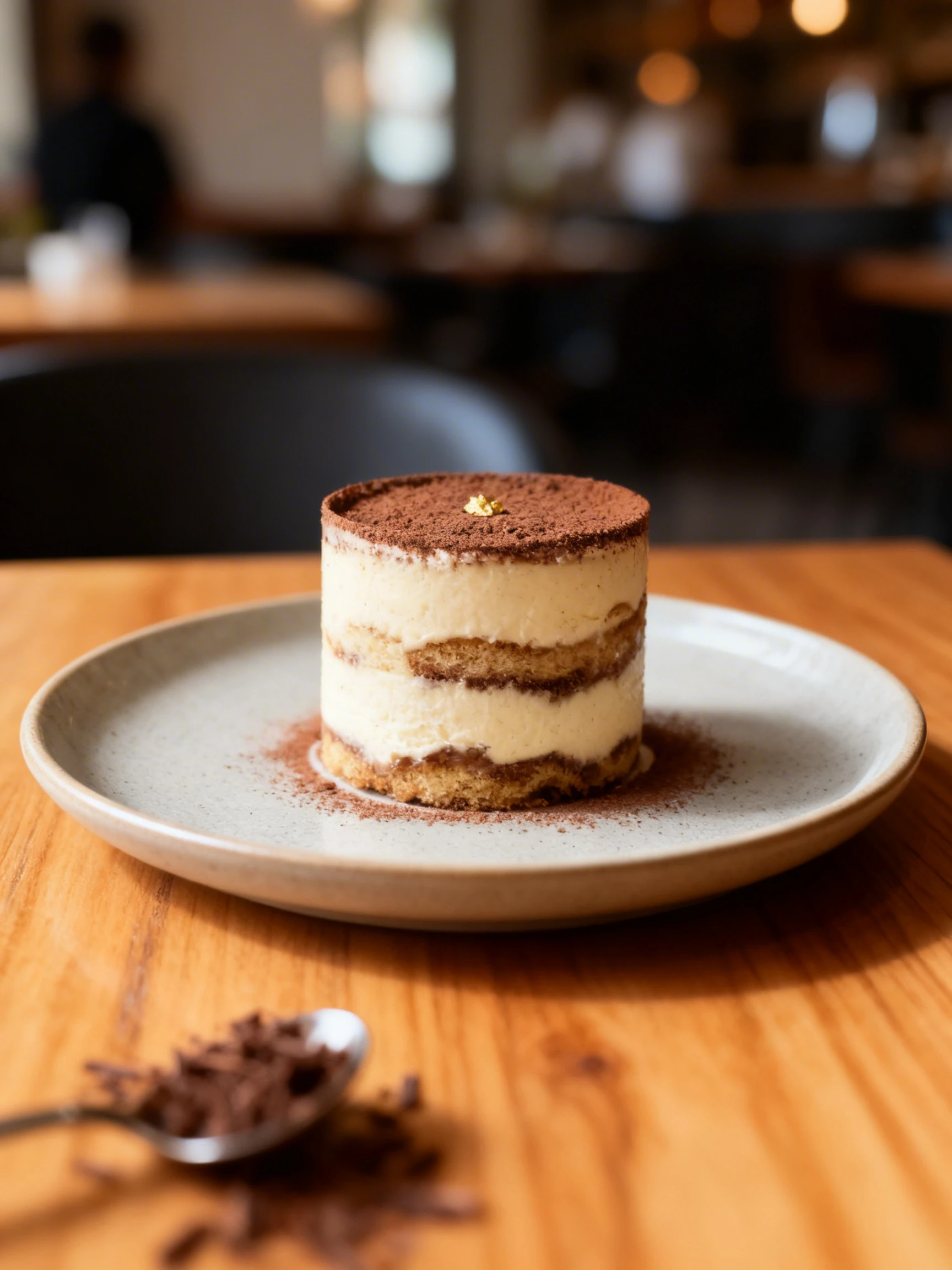 A cylindrical tiramisu cake topped with cocoa powder and a small piece of edible gold leaf, resting on a gold cardboard base.