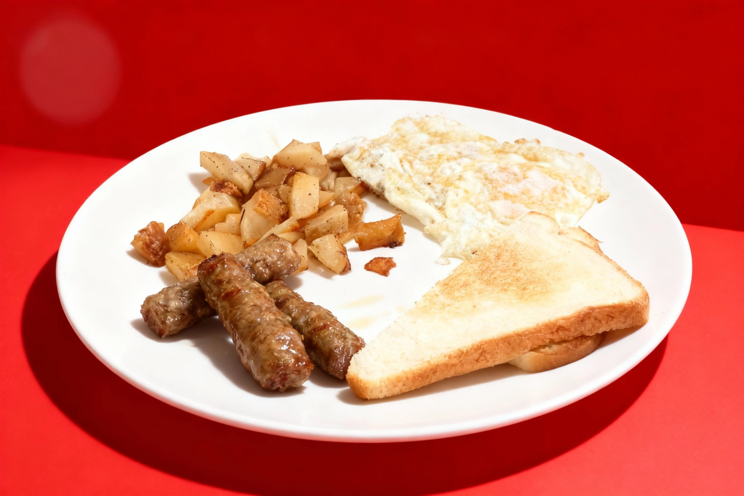 A simple breakfast plate featuring three glazed sausage links, a portion of diced pan-fried potatoes seasoned with pepper, two fried eggs, and a slice of lightl
