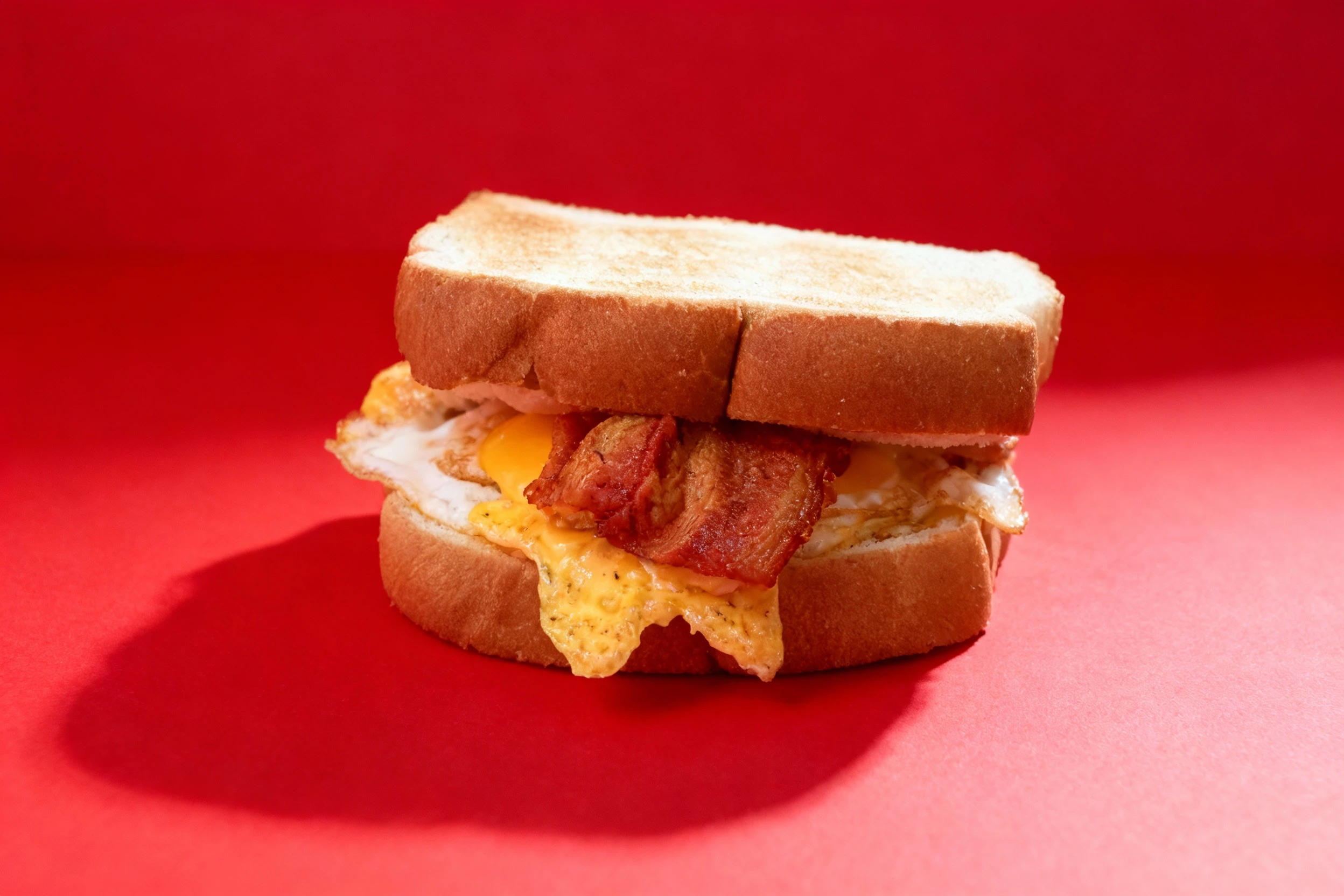 A breakfast sandwich featuring thick-cut bacon, melted cheese, and a fried egg, served between two slices of toasted white bread.