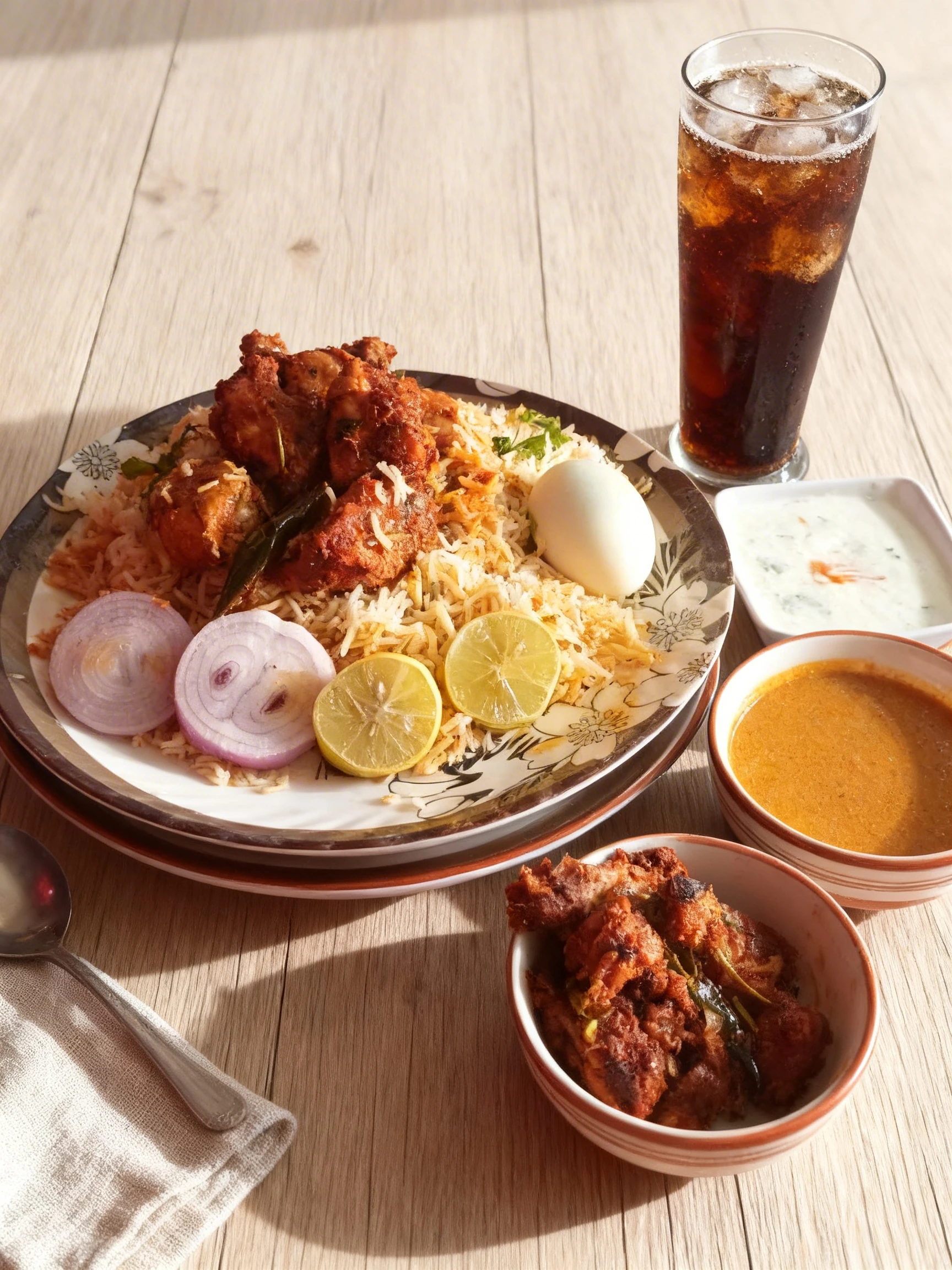 Chicken biryani served with spiced fried chicken, a whole boiled egg, sliced red onions, and lemon wedges, accompanied by raita, gravy, and a bottled soda.