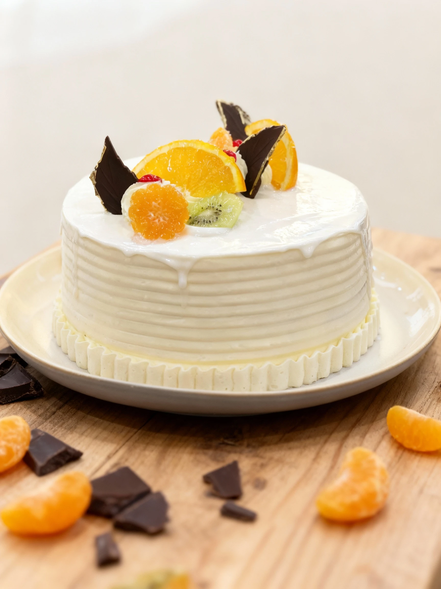 A round layer cake covered in textured white frosting and a glossy white glaze dripping over the top. The cake is decorated with slices of orange and kiwi, mand