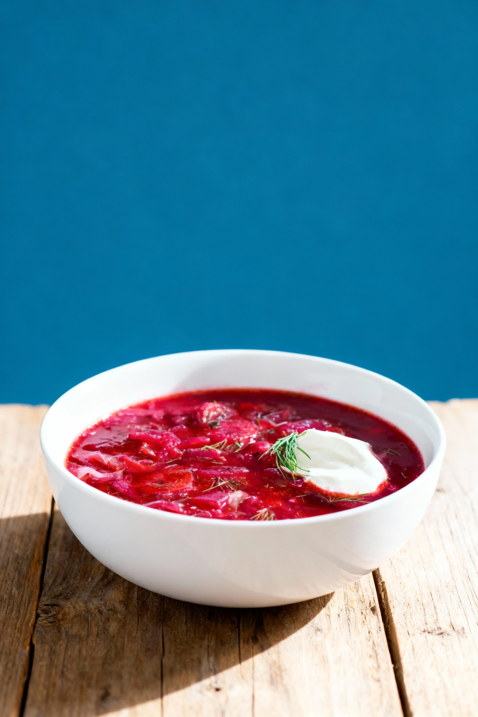 Traditional beet borsch soup with sliced root vegetables and cabbage, topped with a dollop of sour cream and fresh dill. It is served in a white ceramic bowl wi