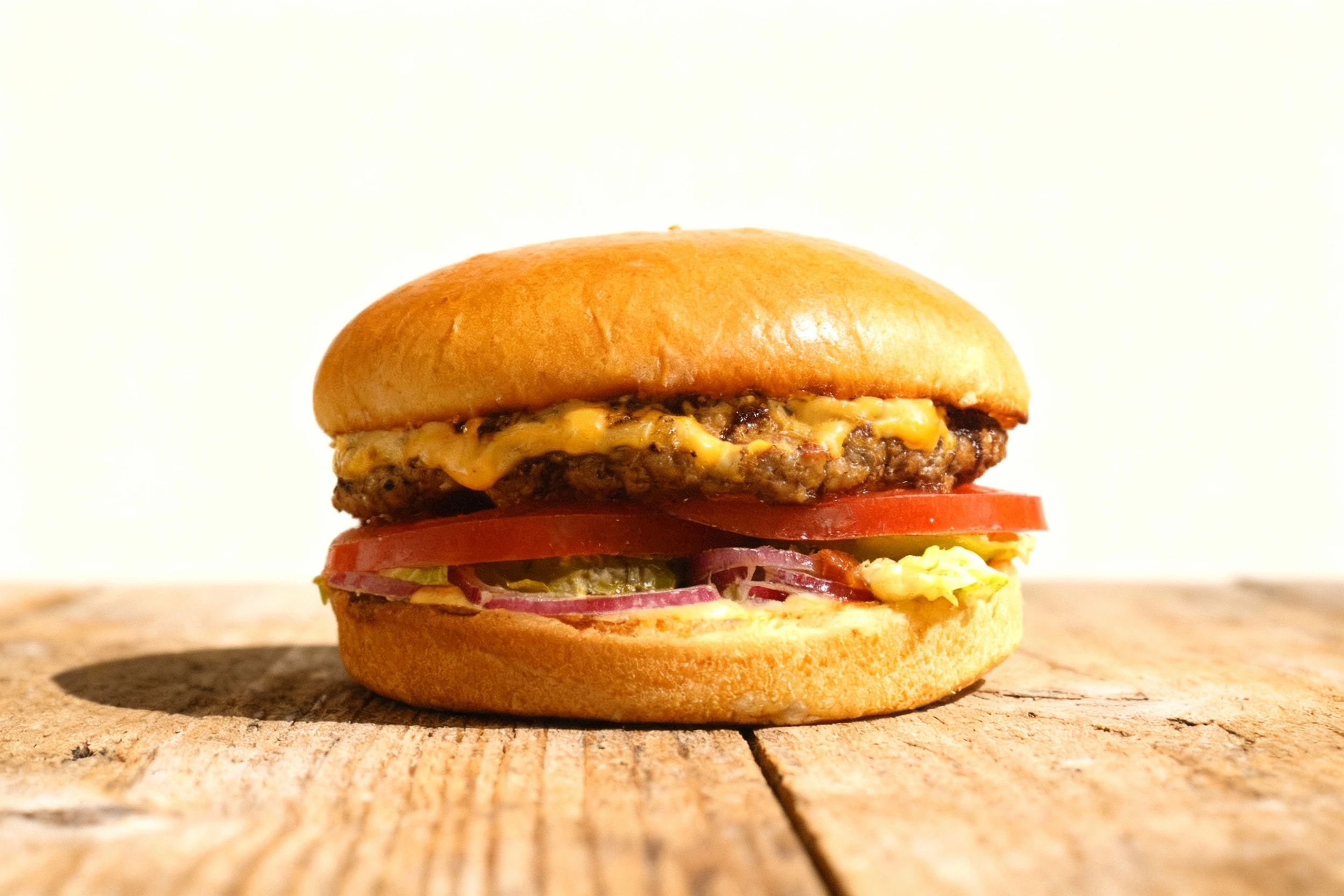 A classic cheeseburger constructed on a golden bun, featuring a grilled beef patty topped with melted cheese sauce, a thick slice of tomato, red onion, and pick