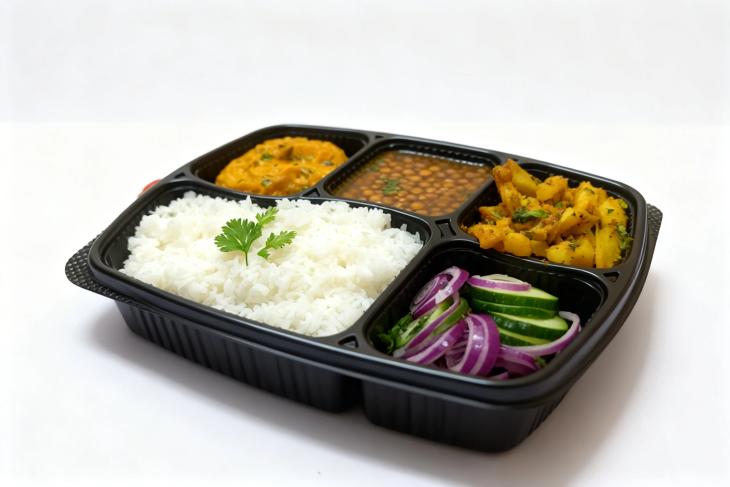 An Indian meal set featuring steamed white rice, spiced lentils, vegetable curry, sautéed potatoes, and a fresh salad of sliced red onions and cucumbers.
