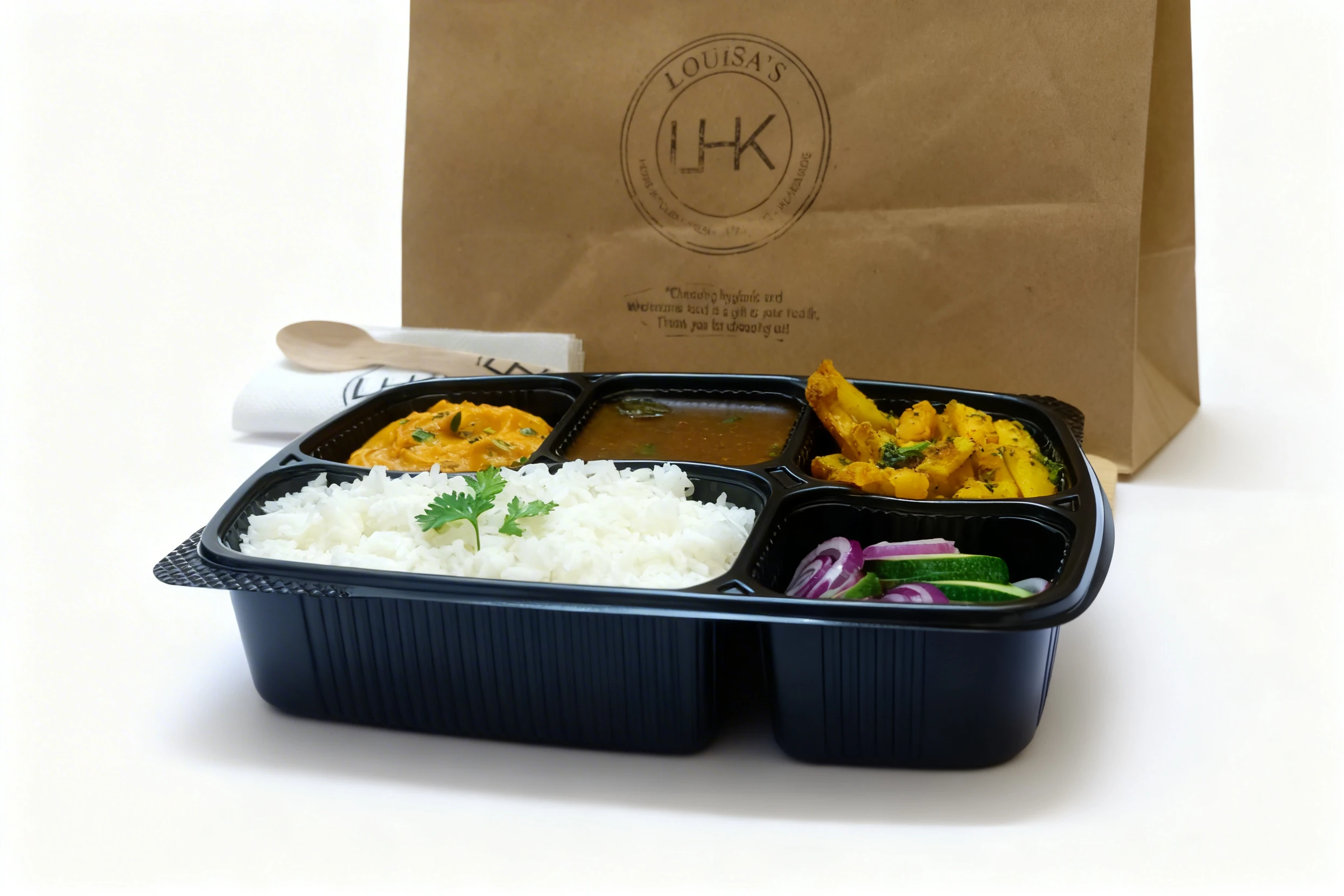 A five-compartment meal consisting of steamed white rice topped with cilantro, a creamy orange vegetable mash, a dark gravy-based curry, spiced potato wedges, a