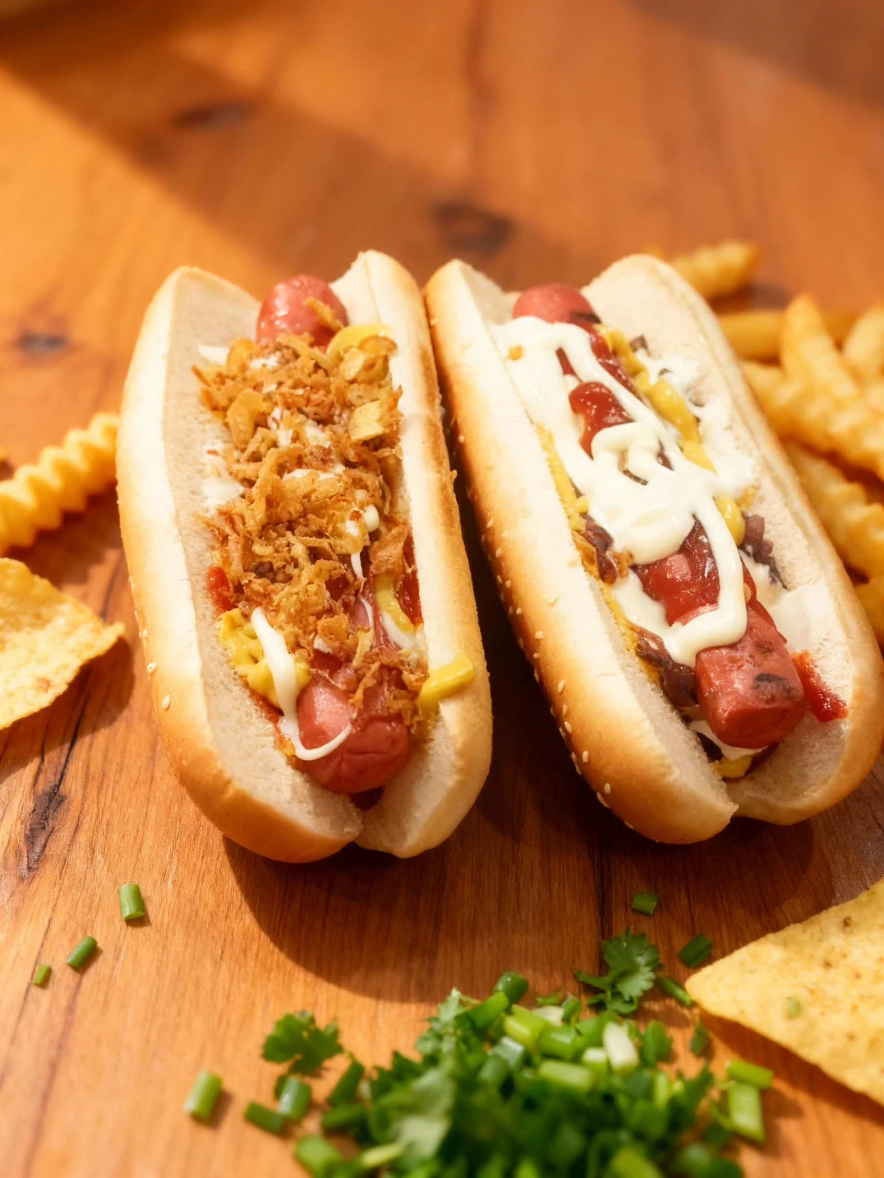 Two hot dogs served in split buns, topped with mustard, ketchup, and white sauce. The hot dog on the left is generously covered in crispy fried onions, while th